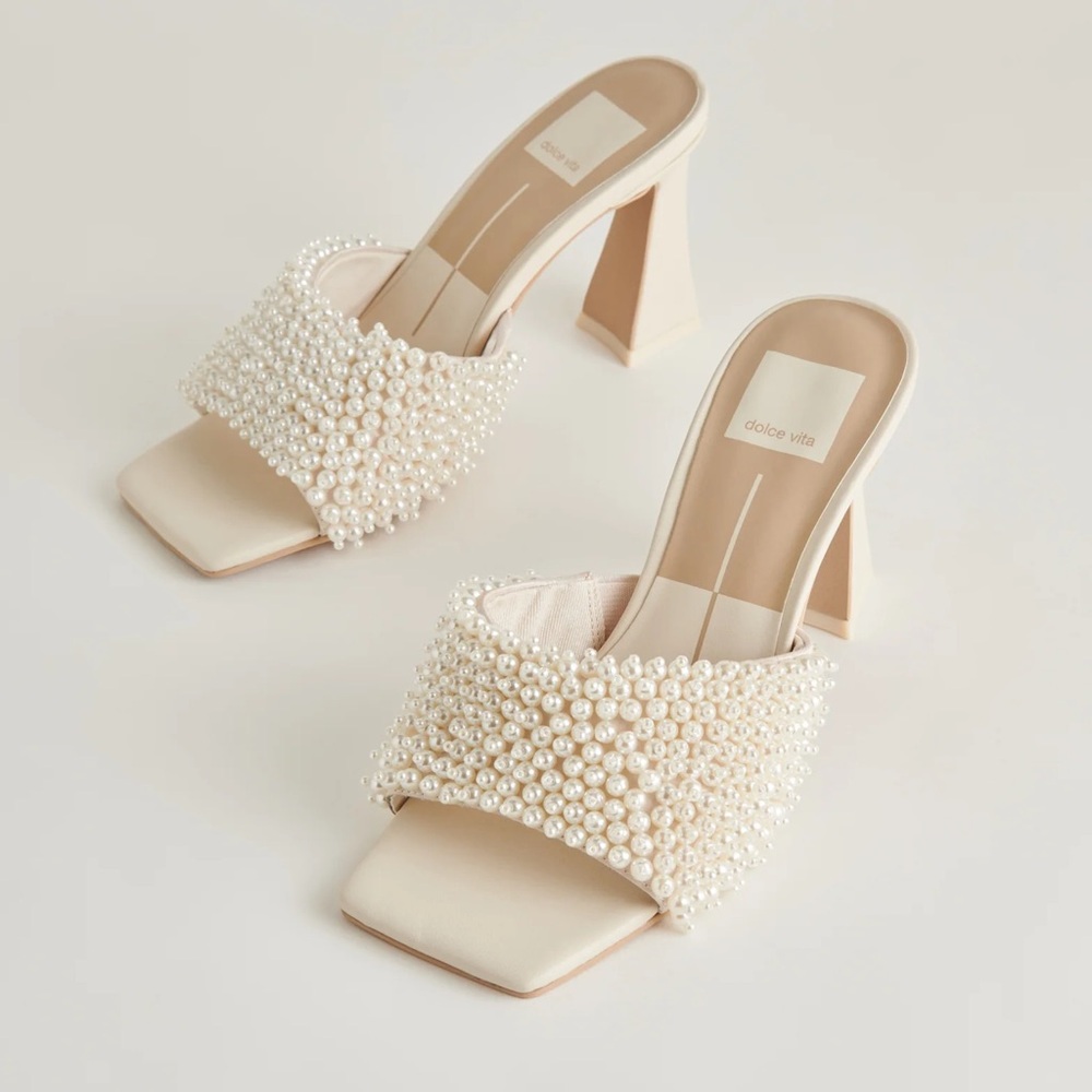 Dolce Vita Pearl Embellished Cream Block Heel Mules